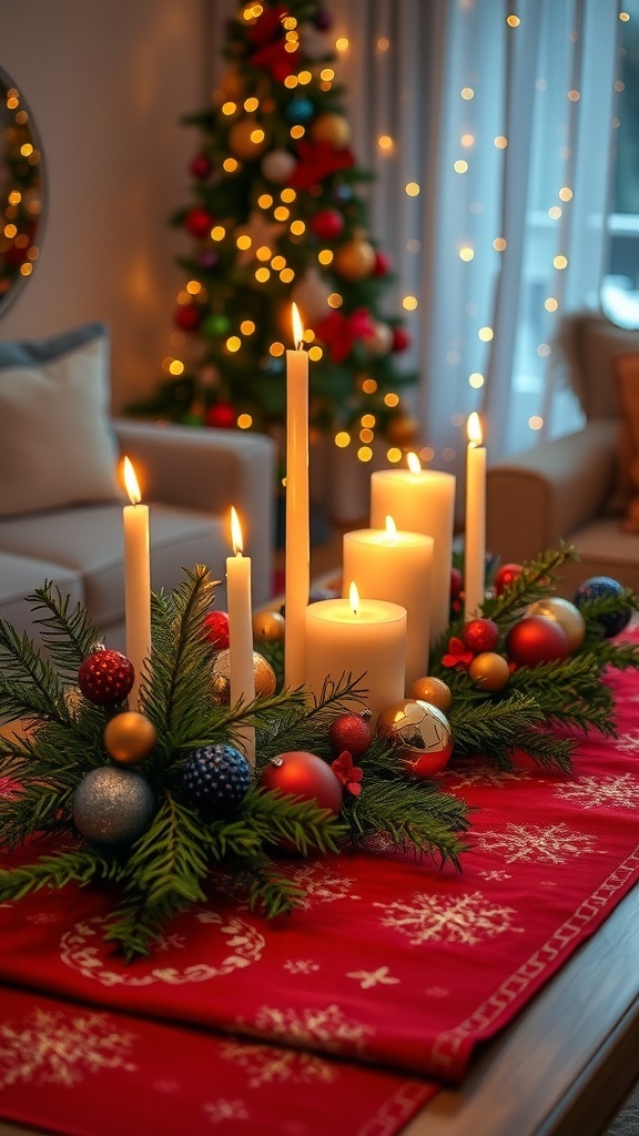 Festive Christmas Coffee Table Decorations A Christmas coffee table decorated with candles, ornaments, and greenery, set for a festive gathering.